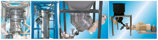 Ystral systems for fluidizing of powdery components and docking stations for Bulk-Bags